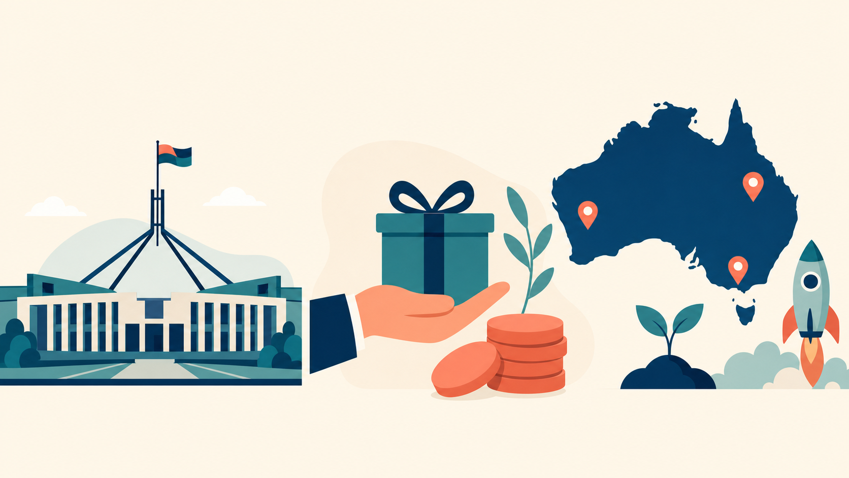 Flat illustration tile for Startup Grants & Government Support Map for Australian Founders