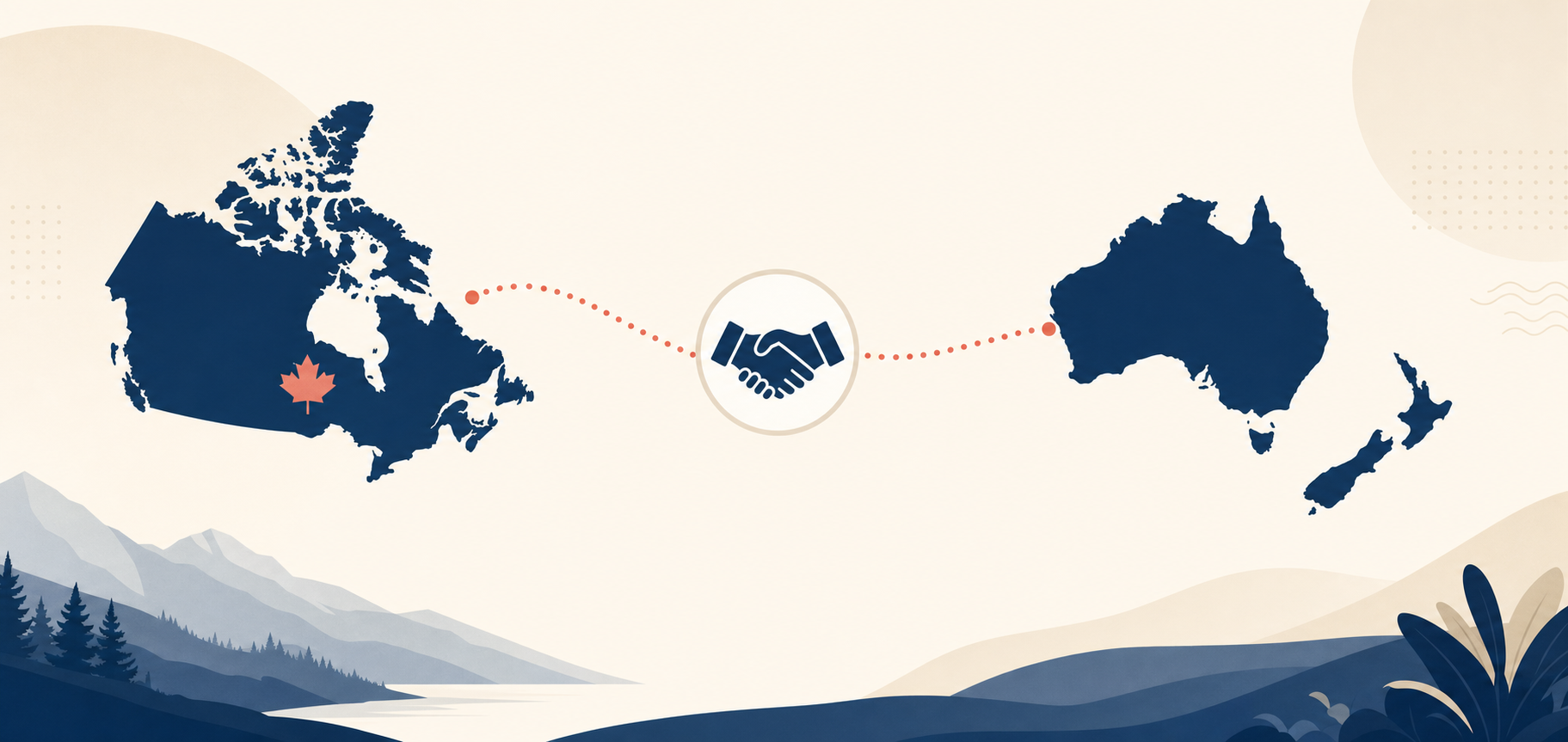Flat illustration tile for Canada to ANZ Market Entry Corridor: CPTPP, Common-Law Familiarity & Scale-Up Pathways