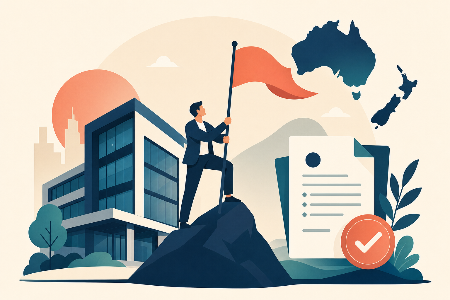 Flat illustration tile for The Complete Guide to Setting Up Your Company in Australia & New Zealand