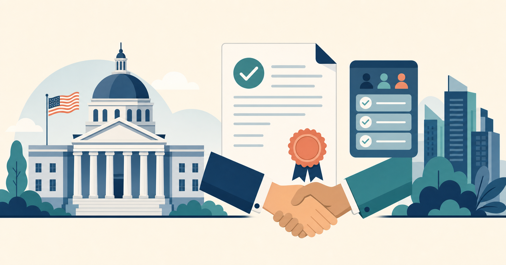 Flat illustration tile for Government & Enterprise Procurement Playbook: Panels, Clearances & Local Content in ANZ