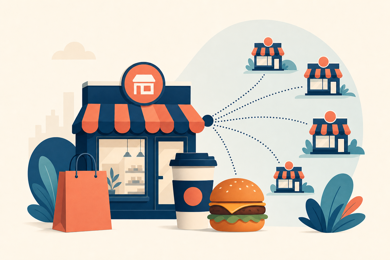 Flat illustration tile for Retail & QSR Market Entry Playbook: Franchising, Food Standards & Compliance in ANZ