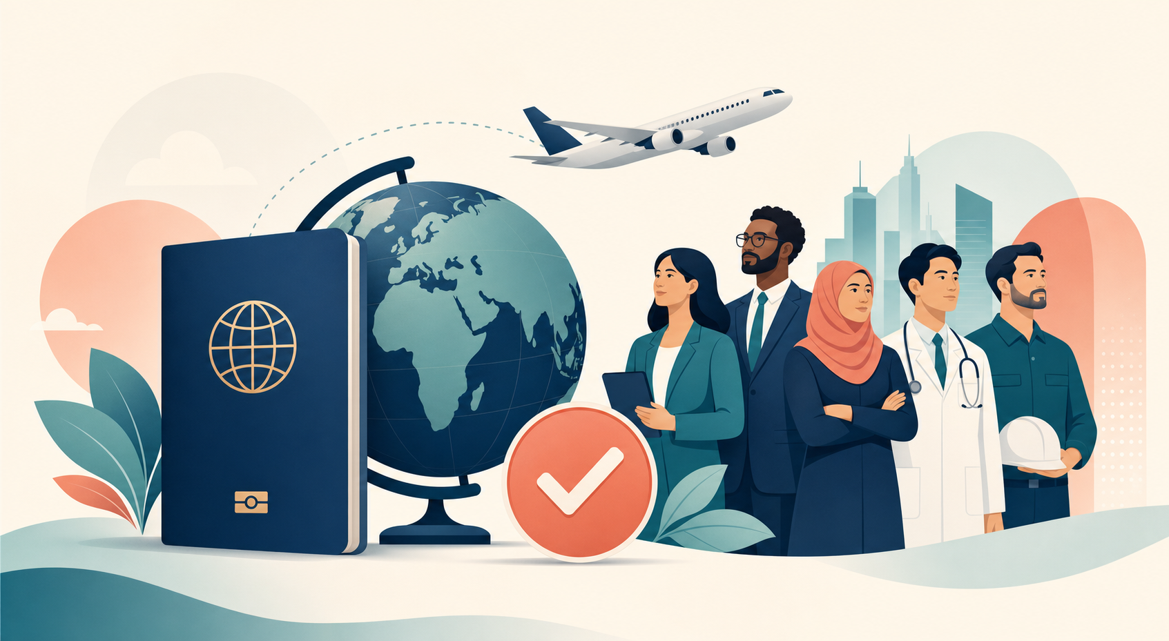 Flat illustration tile for Hiring Talent & Visa Sponsorship for ANZ Expansion: Skills in Demand, EOR & NZ AEWV